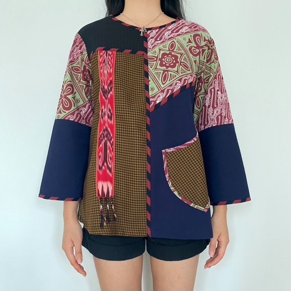 NWOT Ethnic Mix Fabric Multi Patterned Blouse - Picture 1 of 3